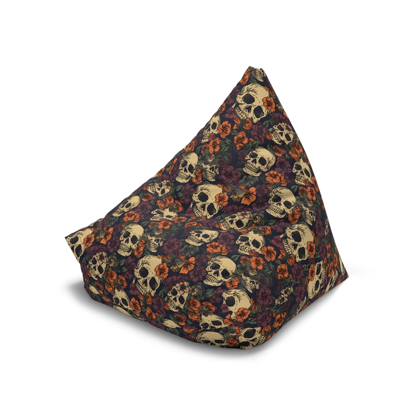 Floral Skull Bean Bag Chair Cover - Lockable Zipper, 2 Size Options, Gothic Home Decor