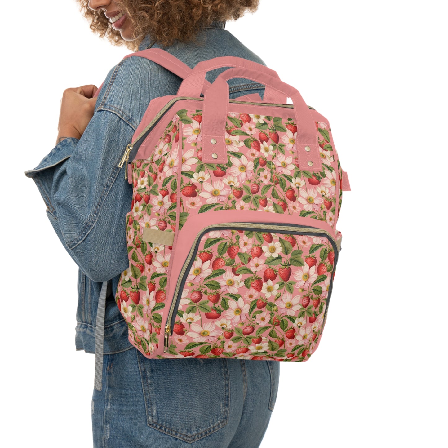 Multifunctional Strawberry Diaper Backpack - Convenient Storage for On-the-Go Parents