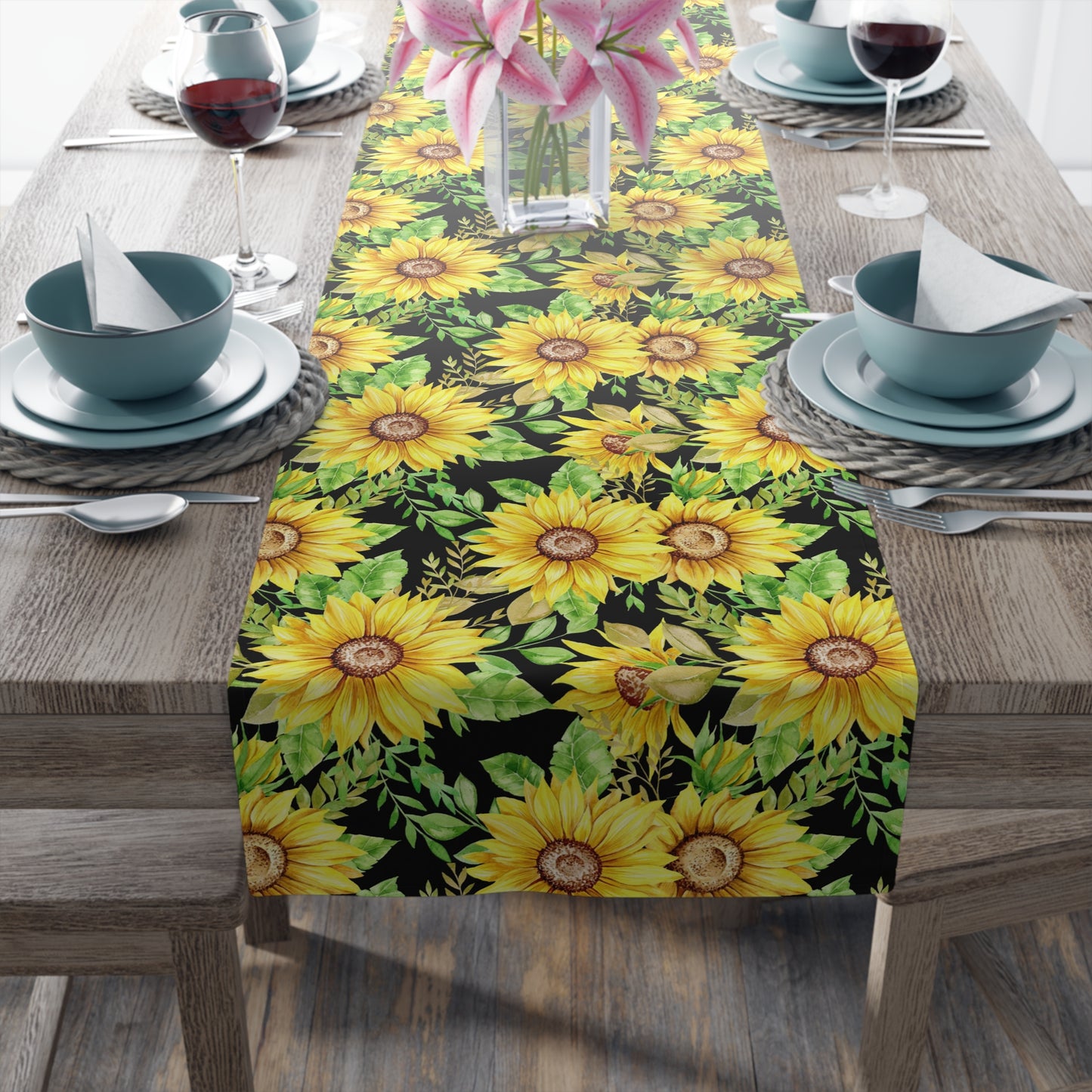 Sunflower Print Table Runner - Bright and Cheerful, Cotton Twill or Polyester - Perfect for Sunny Home Decor