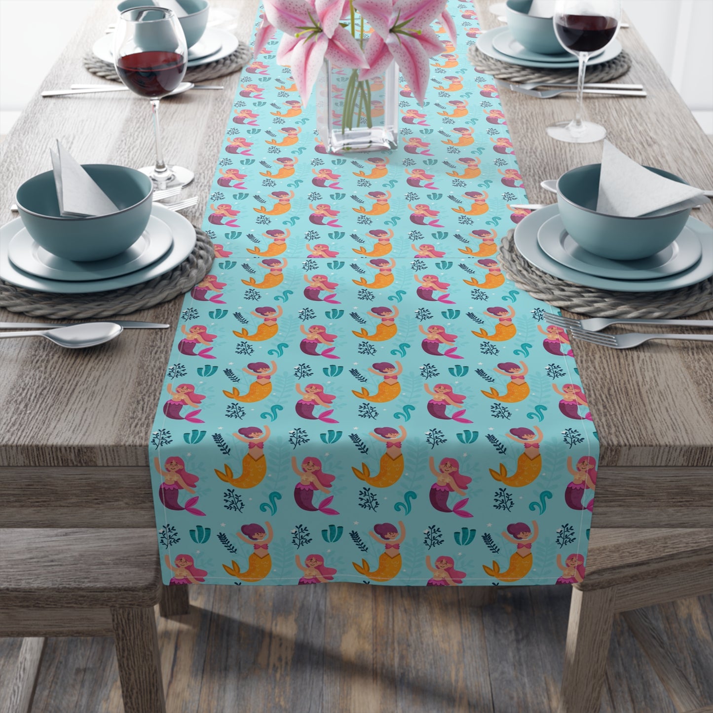 Mermaid Print Table Runner - Mystical Sea Charm, Cotton Twill or Polyester - Perfect for Enchanting Home Decor