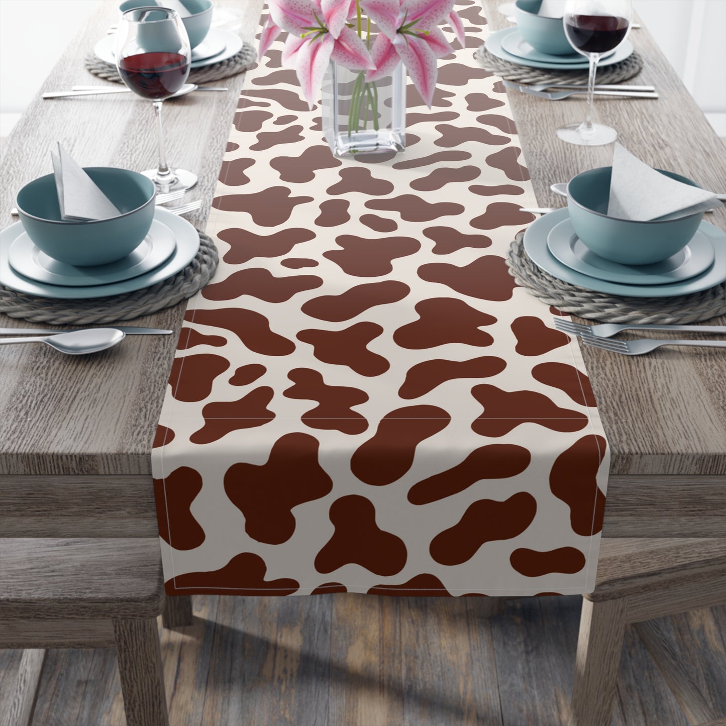 Cow Print Table Runner - Chic Farmhouse Style, Available in Cotton Twill or Polyester - Elevate Your Home Decor