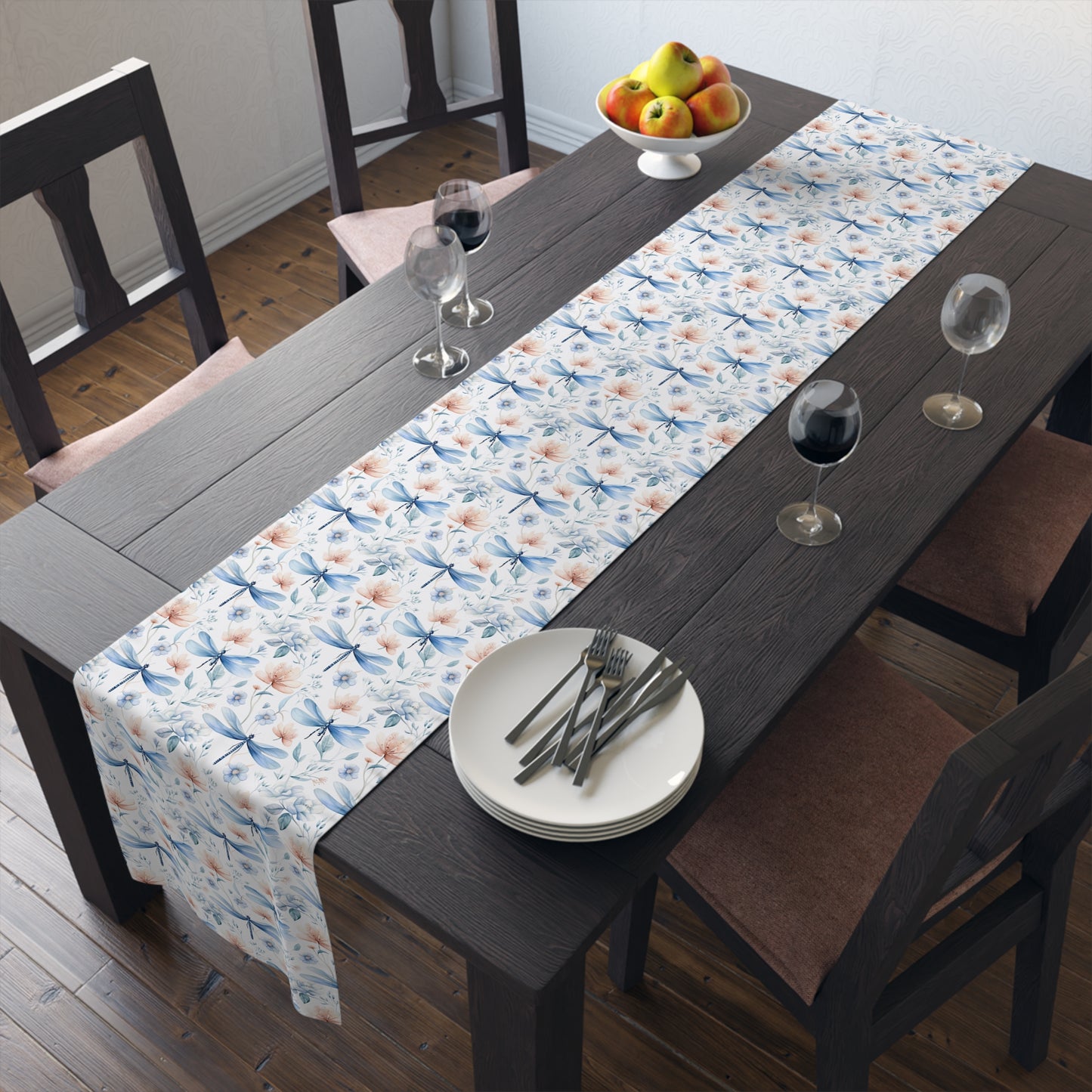 Dragonfly Print Table Runner - Elegant Whimsy, Cotton Twill or Polyester - Perfect for Nature-Inspired Home Decor