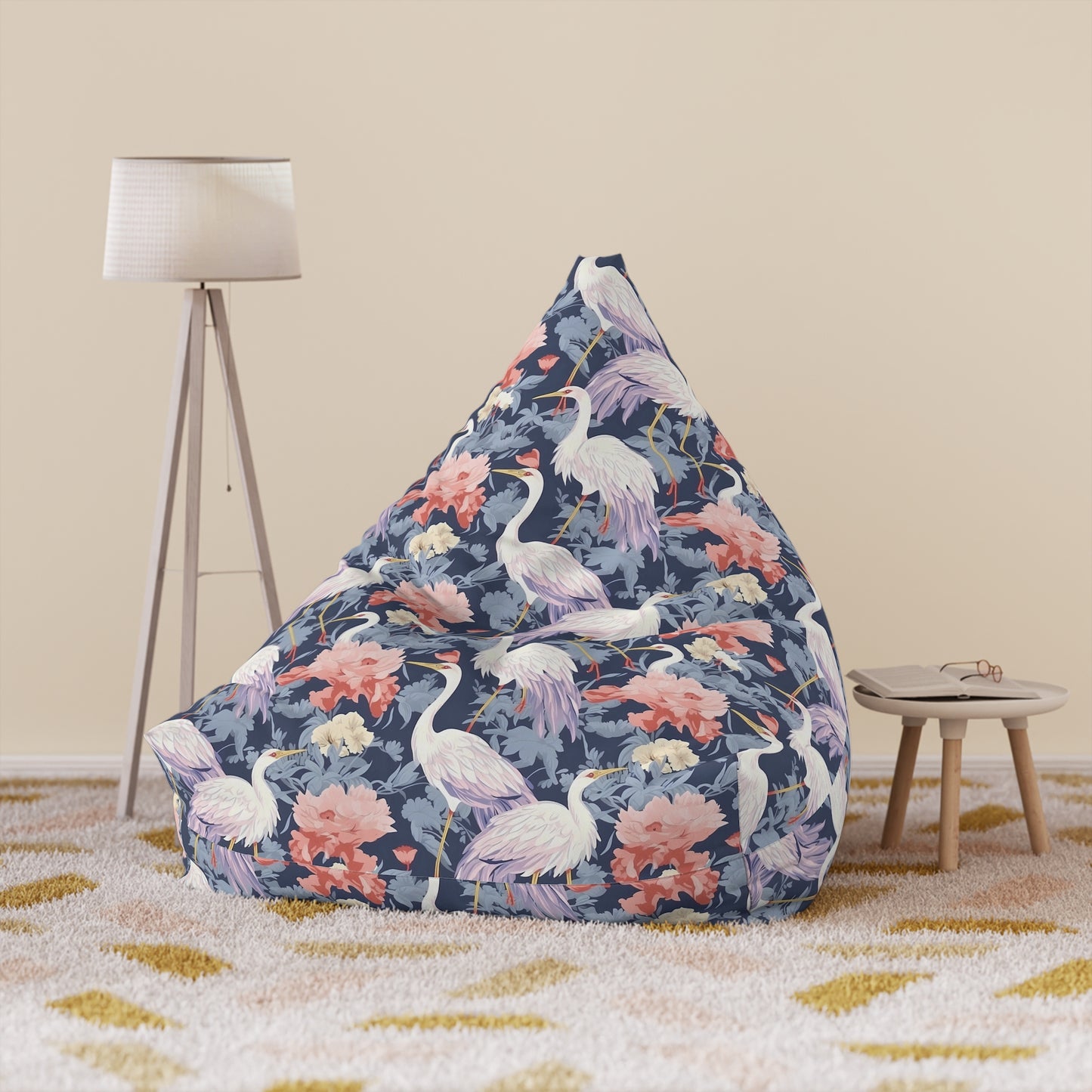 Chinoiserie Bean Bag Chair Cover - Elegant Oriental-Inspired Polyester Slipcover with Secure Zip - Fits Various Sizes