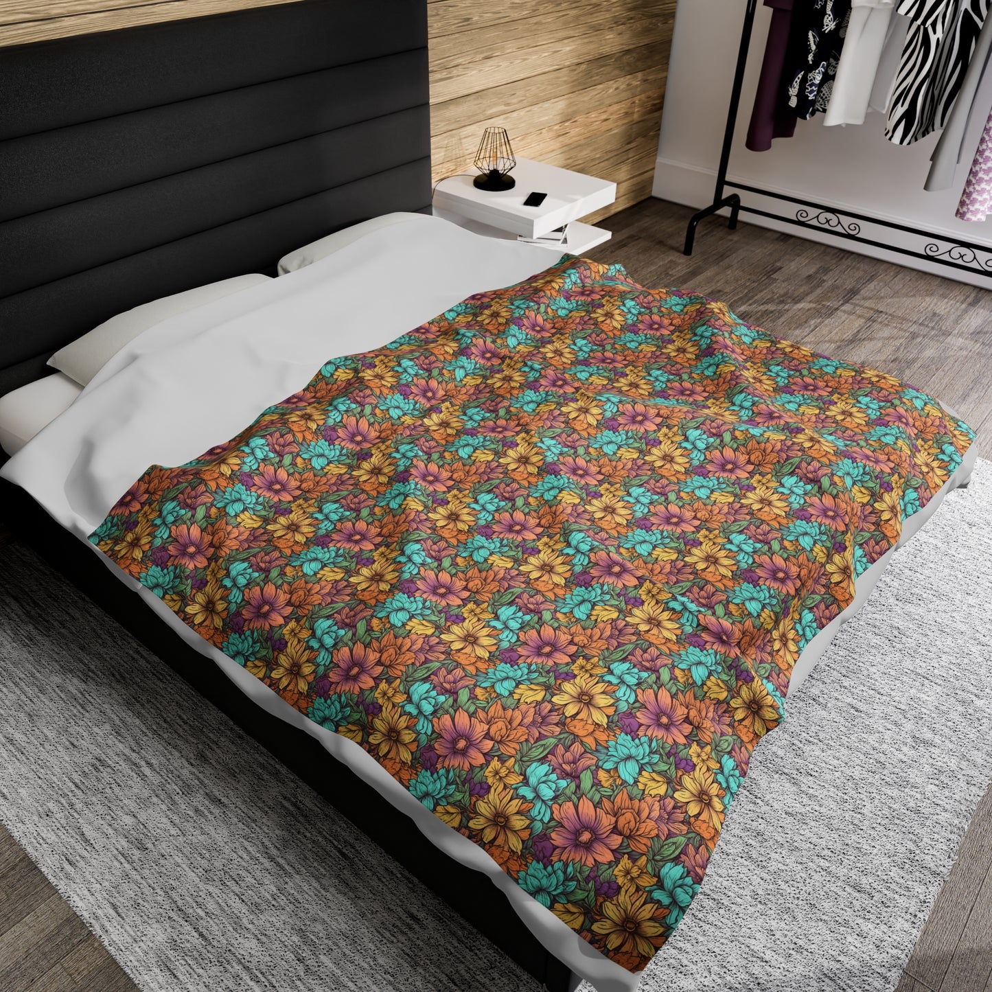 Boho Floral Velveteen Plush Blanket | Soft, Artistic, Luxurious and Comforting | Available in Multiple Sizes