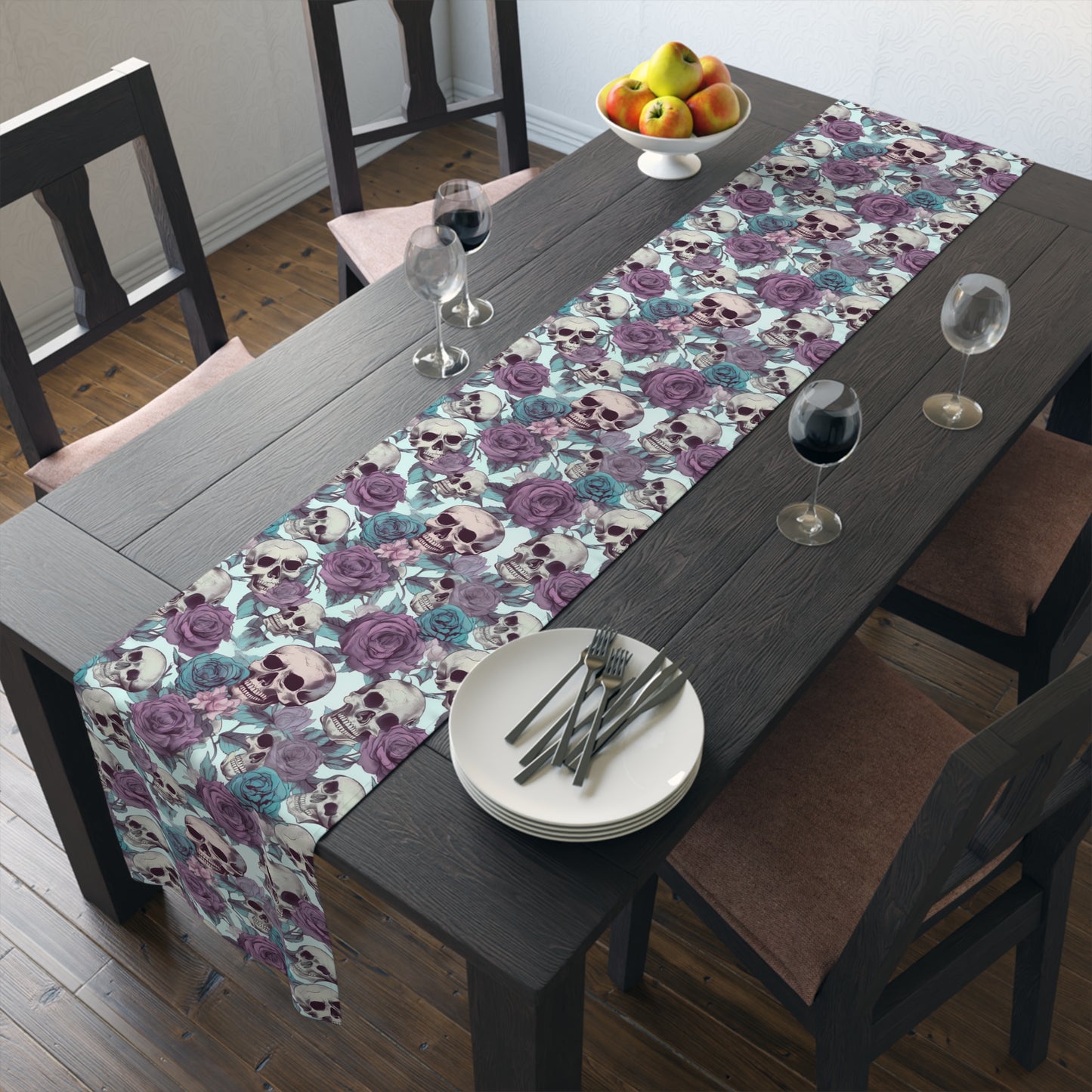 Skull Print Table Runner - Bold Cotton Twill or Sleek Polyester - Ideal for Gothic & Edgy Home Decor