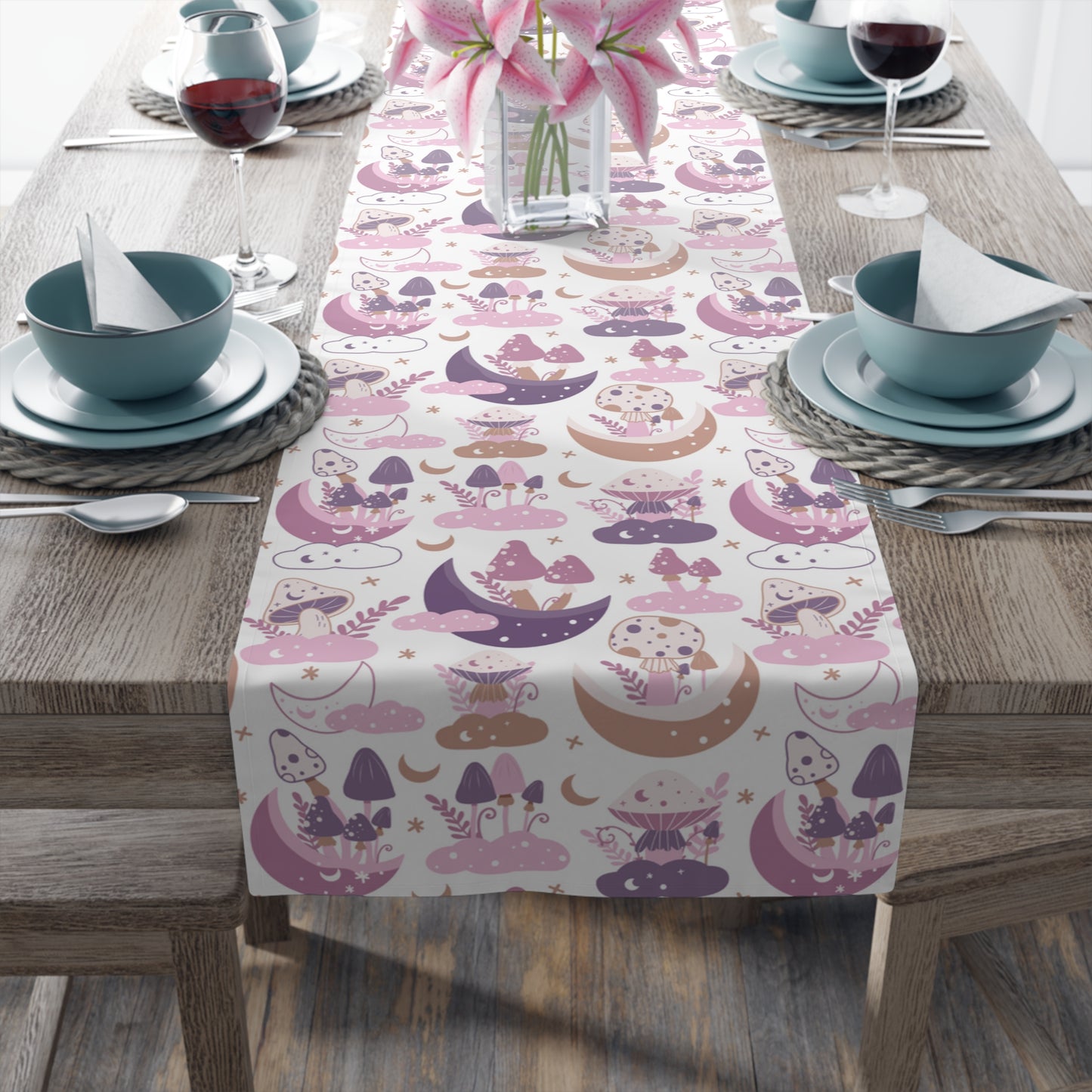 Mushroom Print Table Runner - Nature Vibes in Cotton Twill or Polyester - Perfect for Nature-Inspired Home Decor