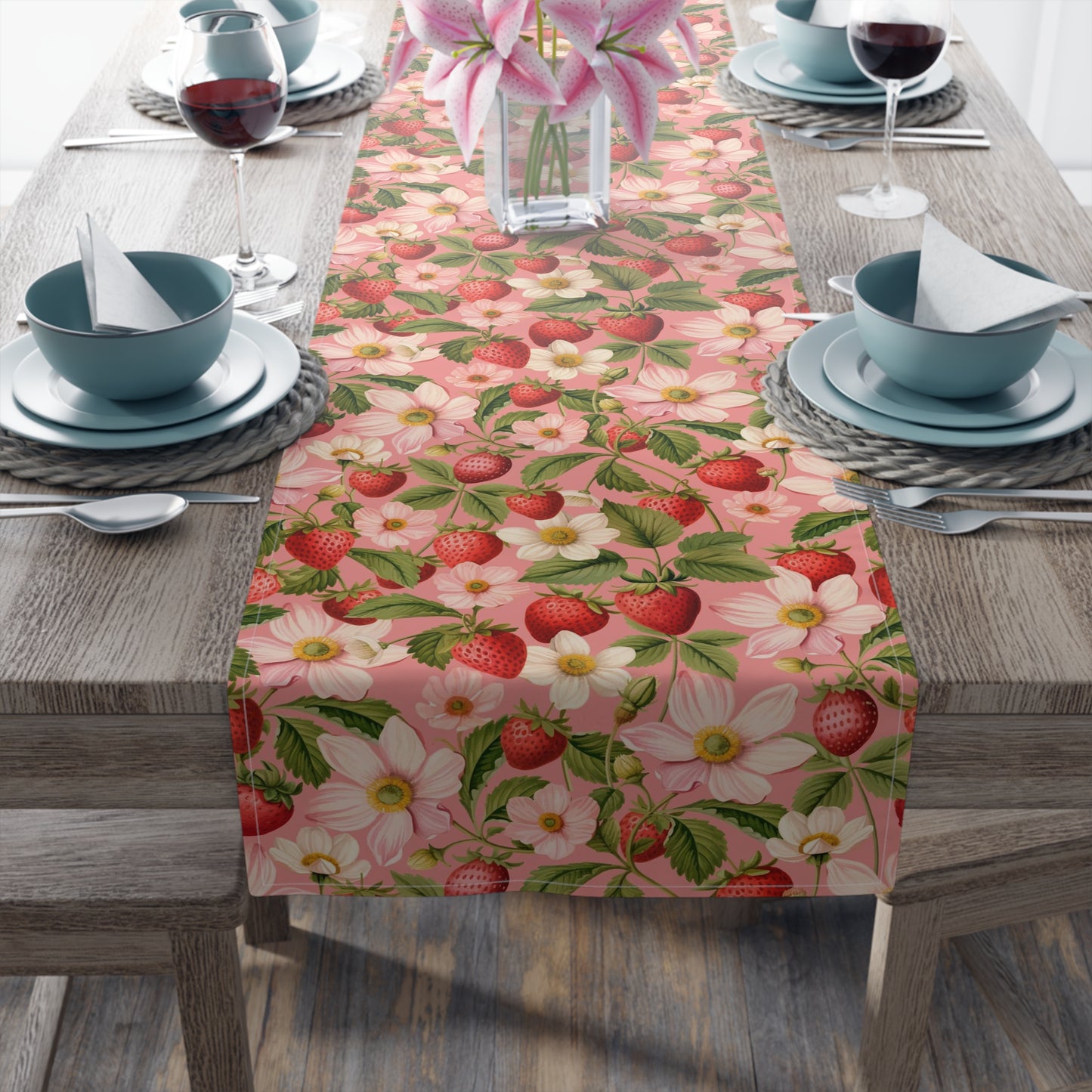 Strawberry Print Table Runner - Sweet Charm, Cotton Twill or Polyester - Perfect for Summer & Whimsical Home Decor