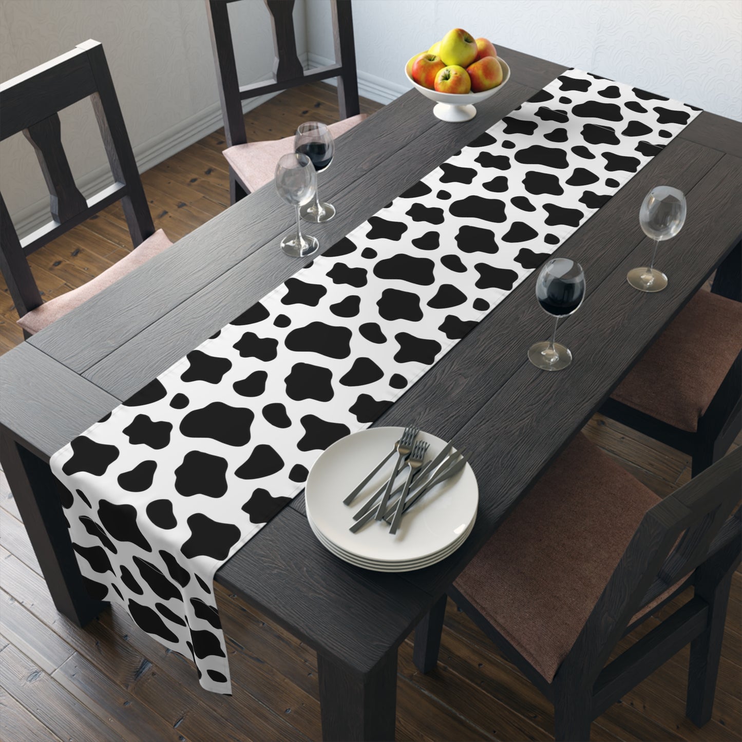Cow Print Table Runner - Chic Farmhouse Style, Available in Cotton Twill or Polyester - Elevate Your Home Decor