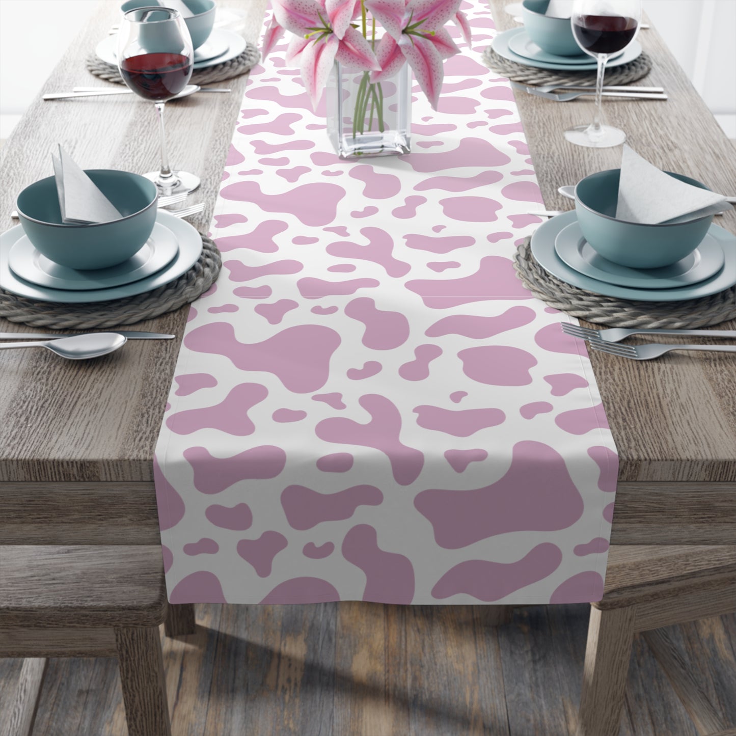 Cow Print Table Runner - Chic Farmhouse Style, Available in Cotton Twill or Polyester - Elevate Your Home Decor