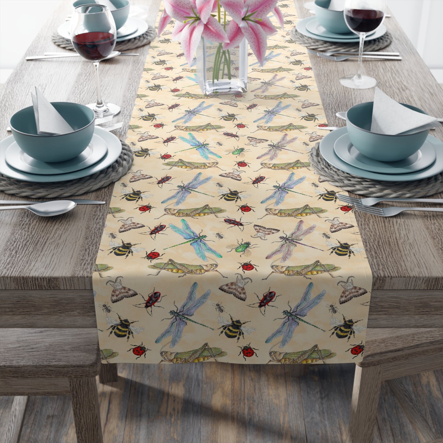 Insect Print Table Runner - Detailed Elegance, Cotton Twill or Polyester - Perfect for Nature Enthusiasts & Scientific Decor