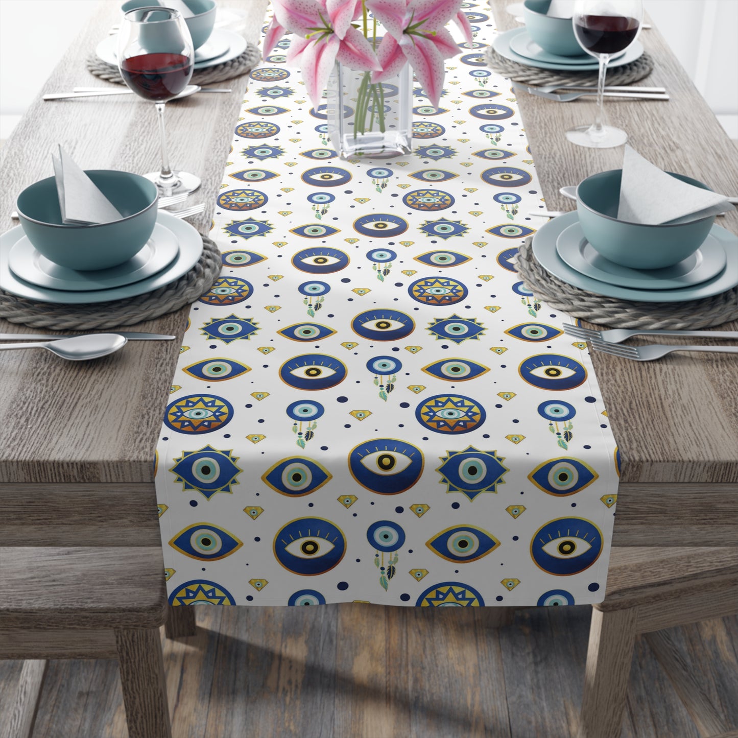 Evil Eye Print Table Runner - Mystical Protection in Cotton Twill or Polyester - Perfect for Spiritual Home Decor