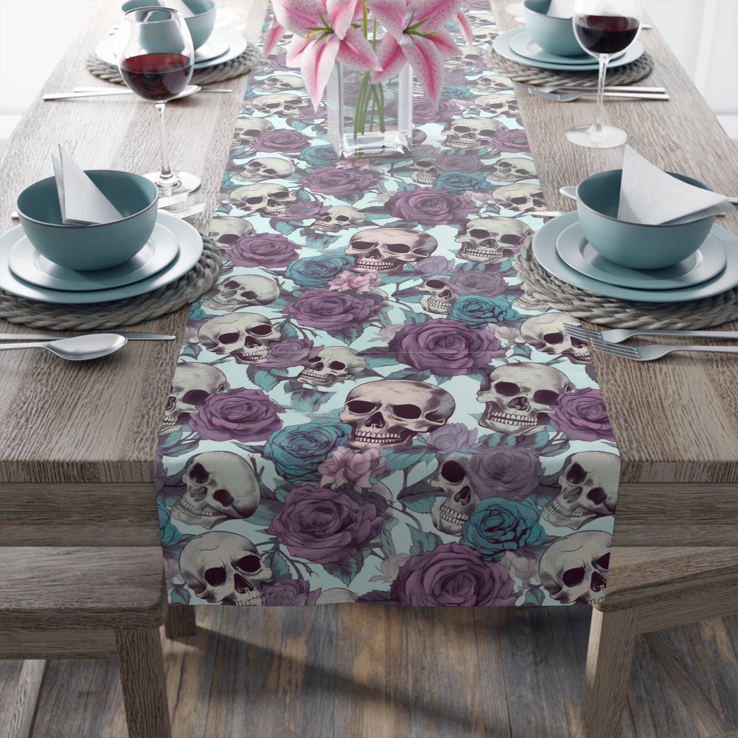 Skull Print Table Runner - Bold Cotton Twill or Sleek Polyester - Ideal for Gothic & Edgy Home Decor