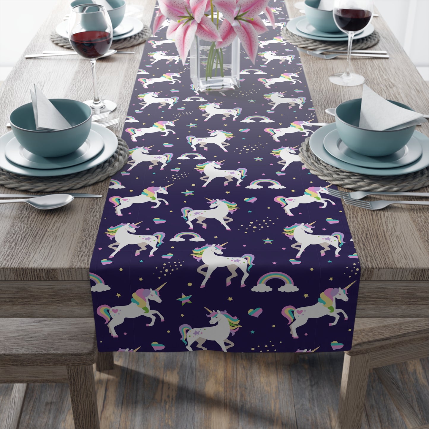 Unicorn Print Table Runner - Magical Elegance, Cotton Twill or Polyester - Perfect for Whimsical & Fantasy Home Decor