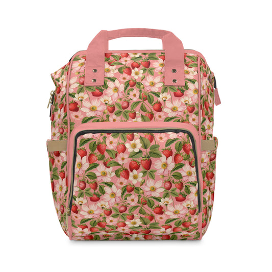 Multifunctional Strawberry Diaper Backpack - Convenient Storage for On-the-Go Parents