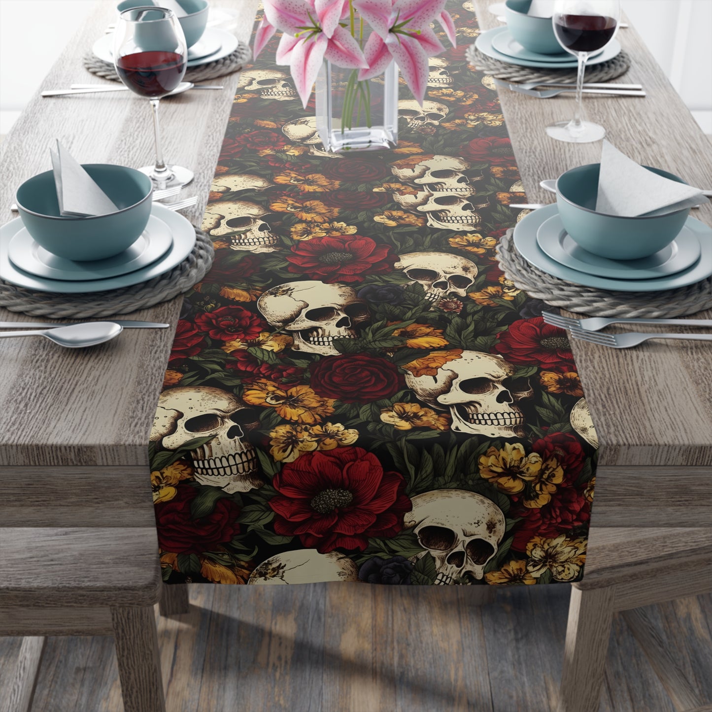 Skull Print Table Runner - Bold Cotton Twill or Sleek Polyester - Ideal for Gothic & Edgy Home Decor