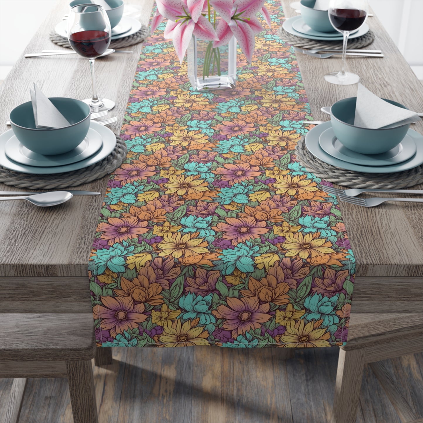 Boho Floral Table Runner - Vibrant Designs in Cotton Twill or Polyester - Ideal for Natural Home Decor