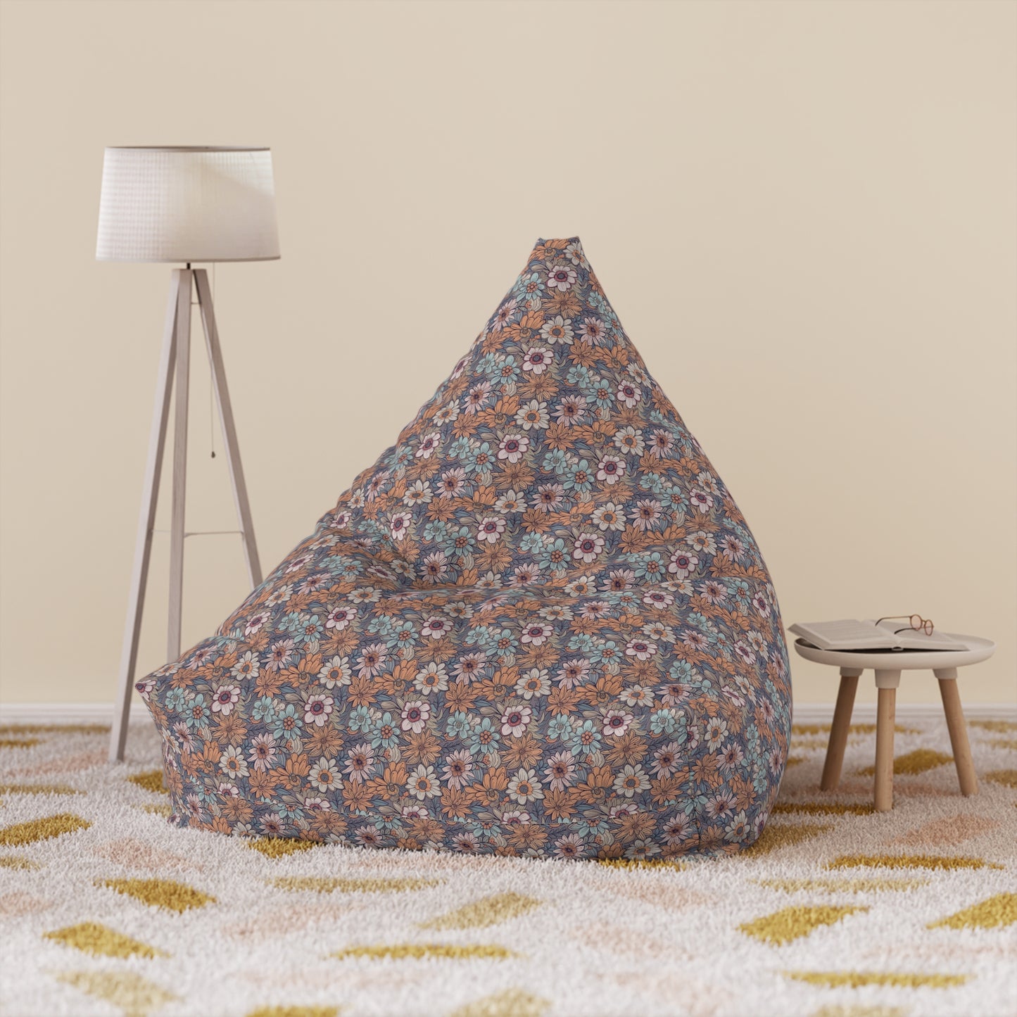 Boho Floral Bean Bag Chair Cover - Durable Polyester, Locking Zipper, 2 Sizes