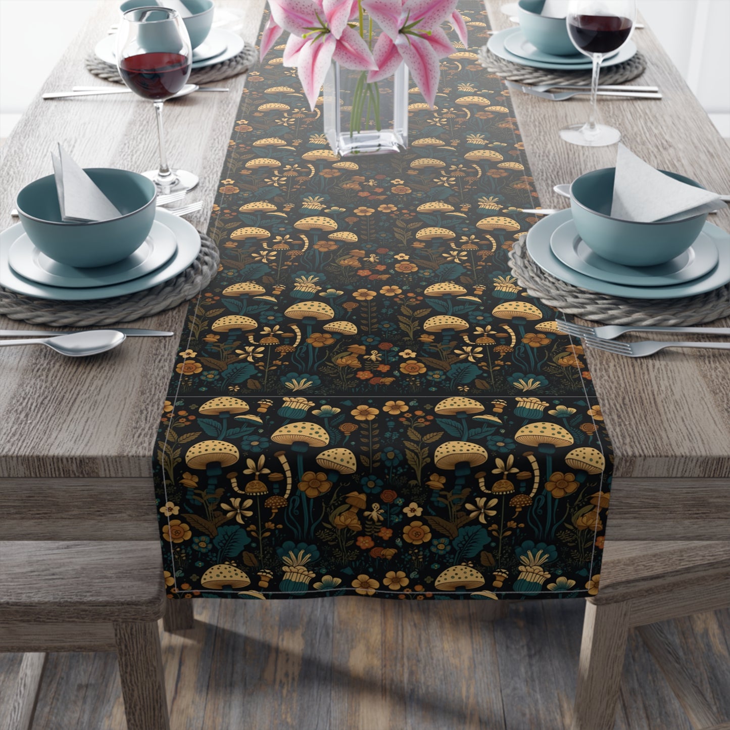 Mushroom Print Table Runner - Nature Vibes in Cotton Twill or Polyester - Perfect for Nature-Inspired Home Decor