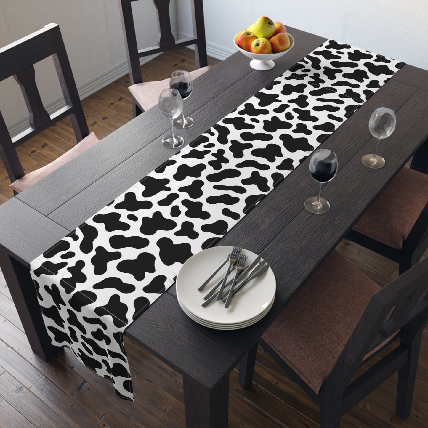 Cow Print Table Runner - Chic Farmhouse Style, Available in Cotton Twill or Polyester - Elevate Your Home Decor