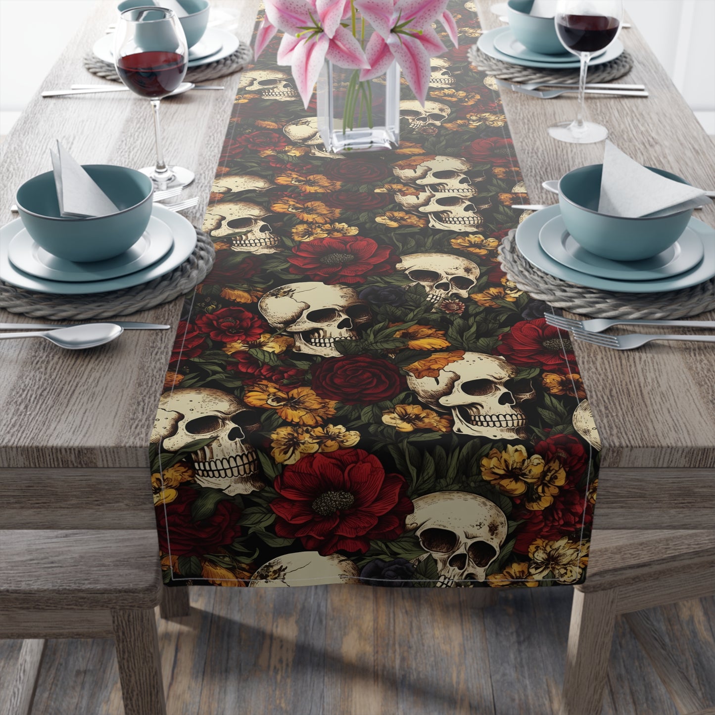 Skull Print Table Runner - Bold Cotton Twill or Sleek Polyester - Ideal for Gothic & Edgy Home Decor