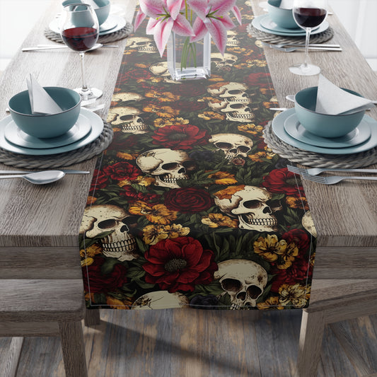 Skull Print Table Runner - Bold Cotton Twill or Sleek Polyester - Ideal for Gothic & Edgy Home Decor