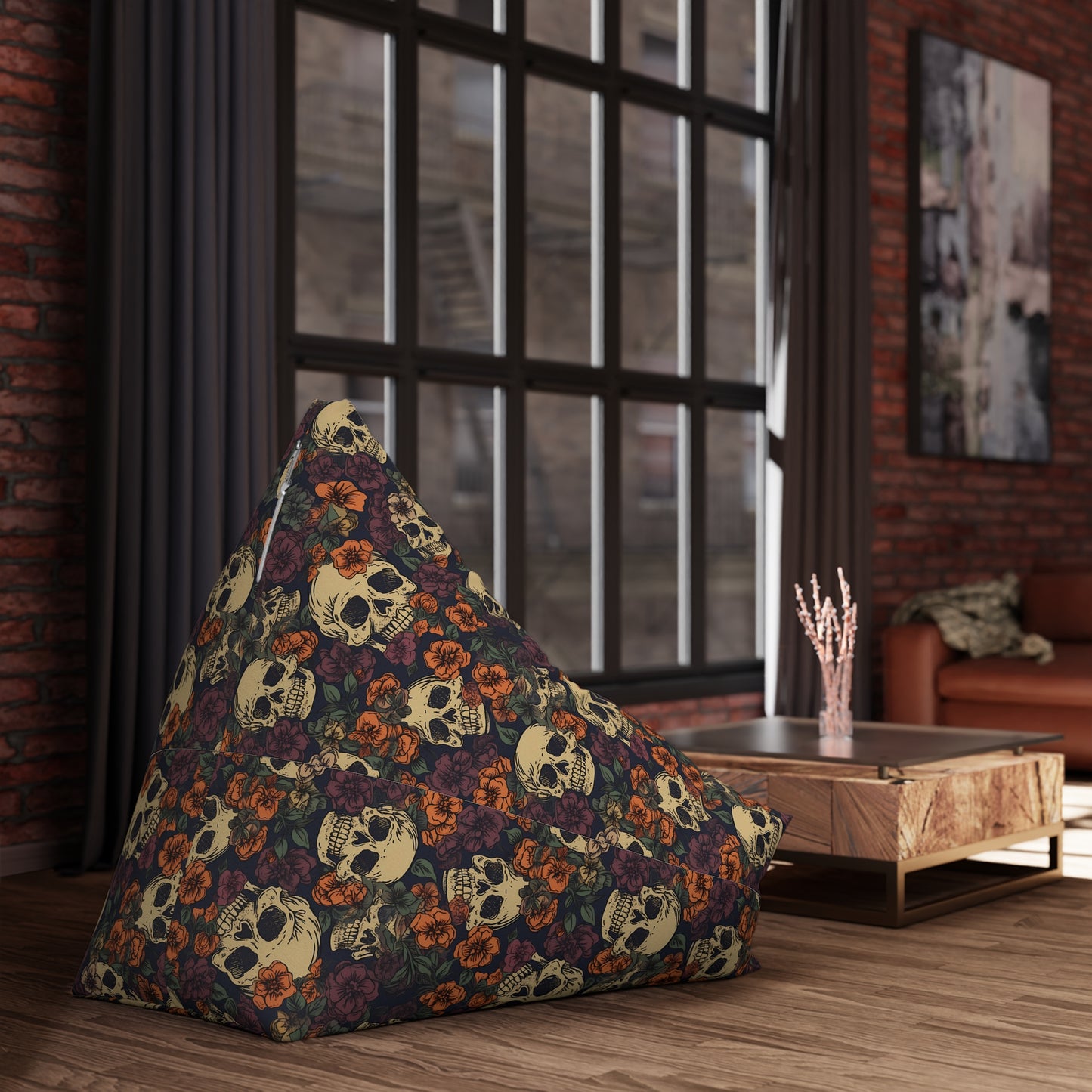 Floral Skull Bean Bag Chair Cover - Lockable Zipper, 2 Size Options, Gothic Home Decor