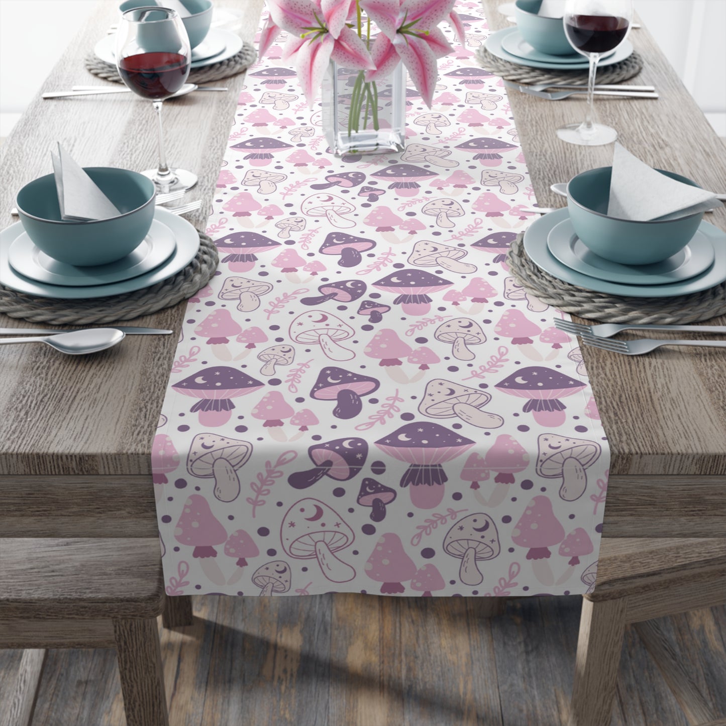 Mushroom Print Table Runner - Nature Vibes in Cotton Twill or Polyester - Perfect for Nature-Inspired Home Decor