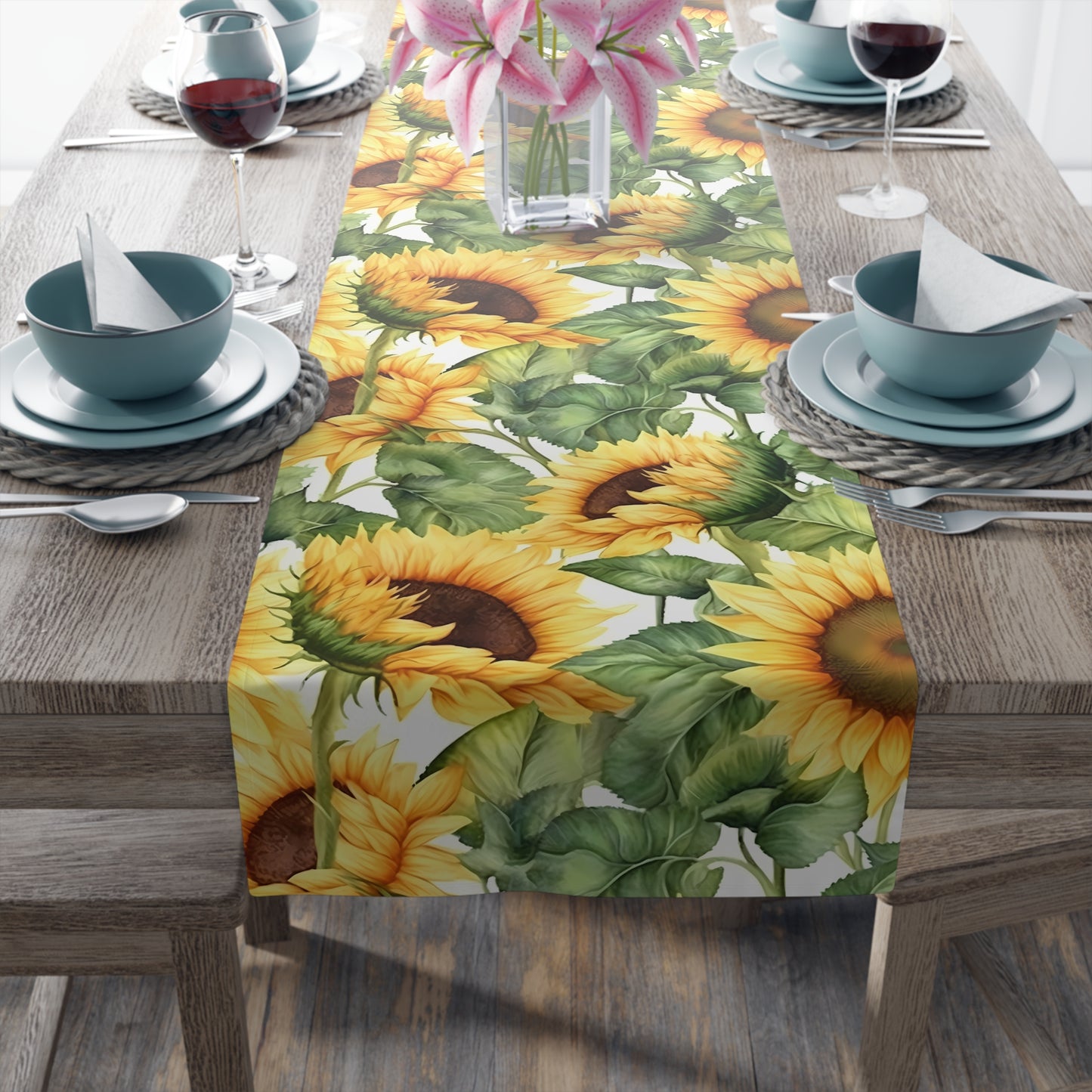 Sunflower Print Table Runner - Bright and Cheerful, Cotton Twill or Polyester - Perfect for Sunny Home Decor