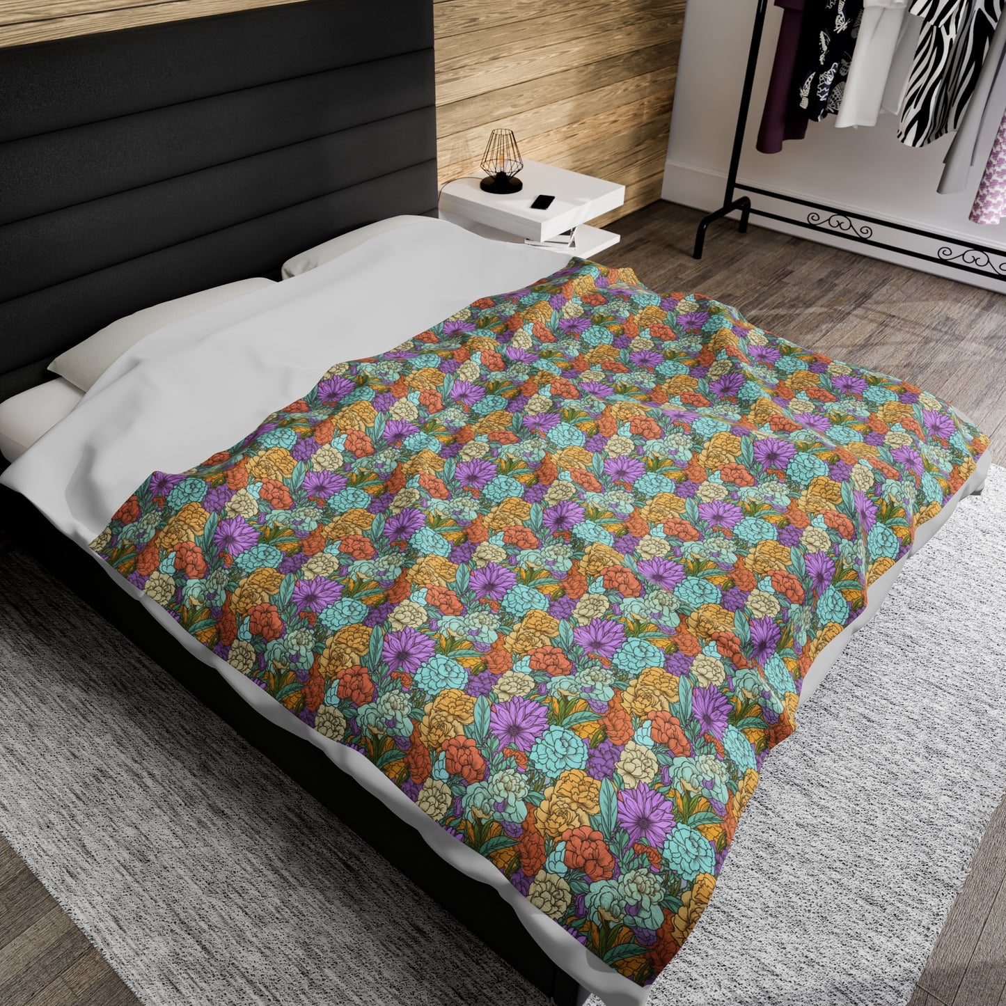 Boho Floral Velveteen Plush Blanket | Soft, Artistic, Luxurious and Comforting | Available in Multiple Sizes