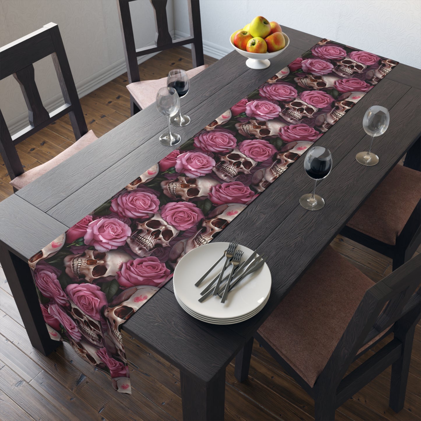 Skull Print Table Runner - Bold Cotton Twill or Sleek Polyester - Ideal for Gothic & Edgy Home Decor