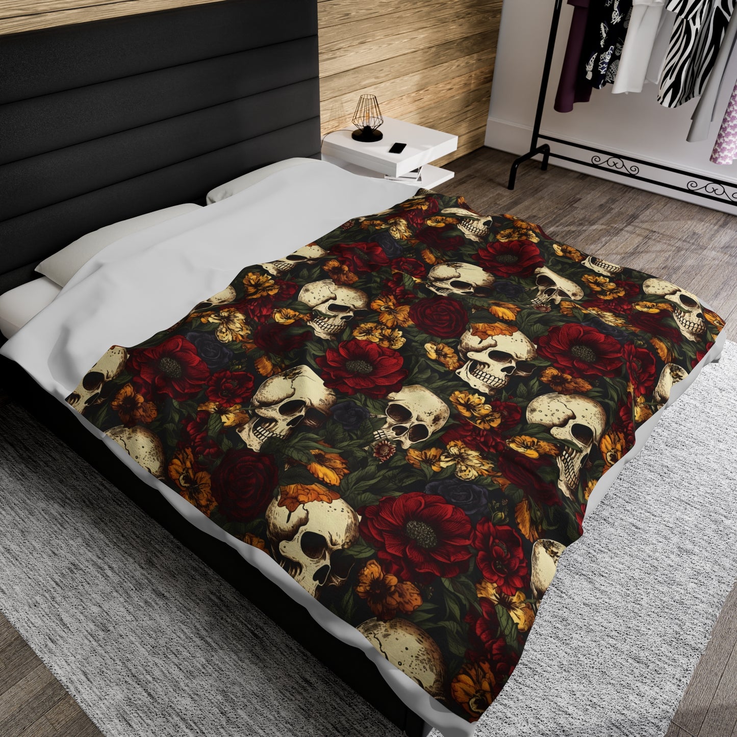 Skull Print Velveteen Plush Blanket | Soft, Edgy, Luxurious and Comforting | Available in Multiple Sizes