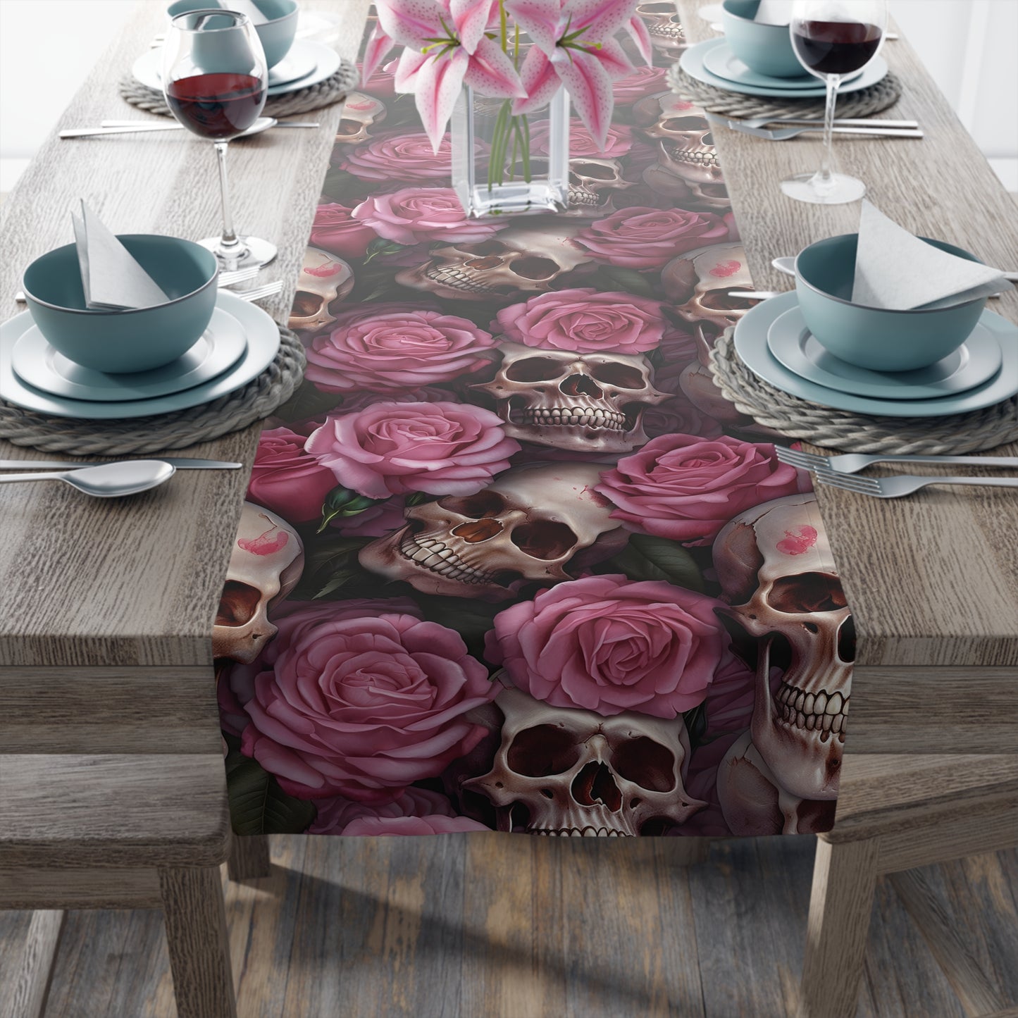 Skull Print Table Runner - Bold Cotton Twill or Sleek Polyester - Ideal for Gothic & Edgy Home Decor