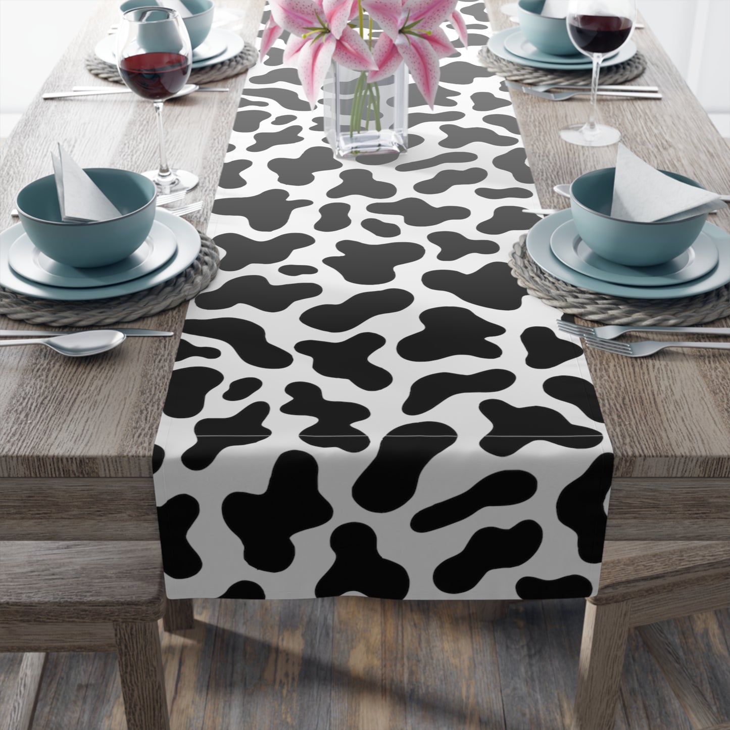 Cow Print Table Runner - Chic Farmhouse Style, Available in Cotton Twill or Polyester - Elevate Your Home Decor