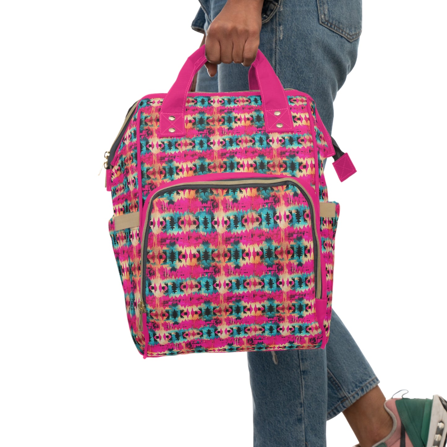 Boho-Chic Aztec Diaper Backpack - Durable Nylon Changing Bag with Tribal Patterns, Spacious & Organized for Modern Parents
