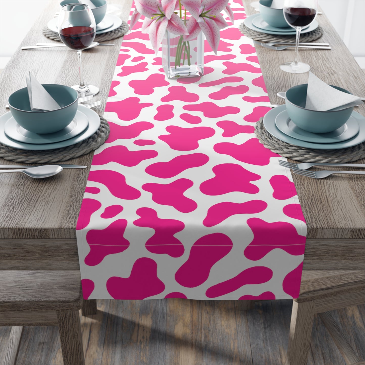 Cow Print Table Runner - Chic Farmhouse Style, Available in Cotton Twill or Polyester - Elevate Your Home Decor