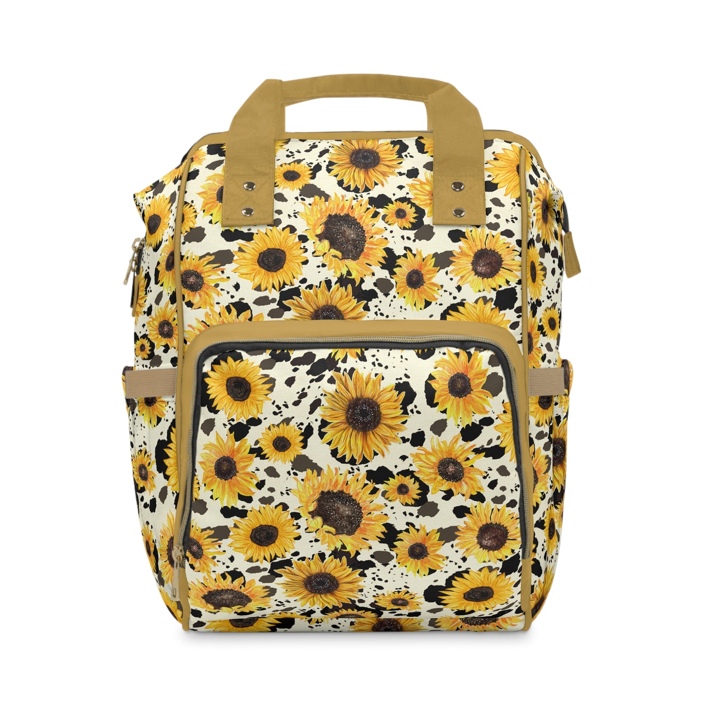 Sunflower Cow Print Diaper Backpack - Unique & Durable Diaper Tote, Perfect Blend of Style for Nature-Loving Parents