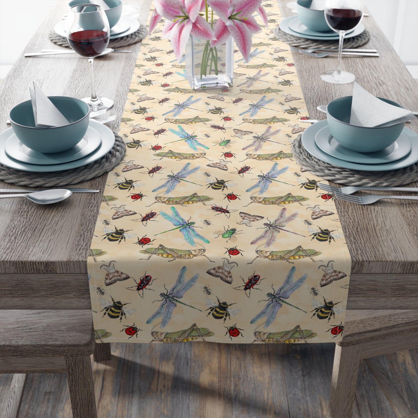 Insect Print Table Runner - Detailed Elegance, Cotton Twill or Polyester - Perfect for Nature Enthusiasts & Scientific Decor