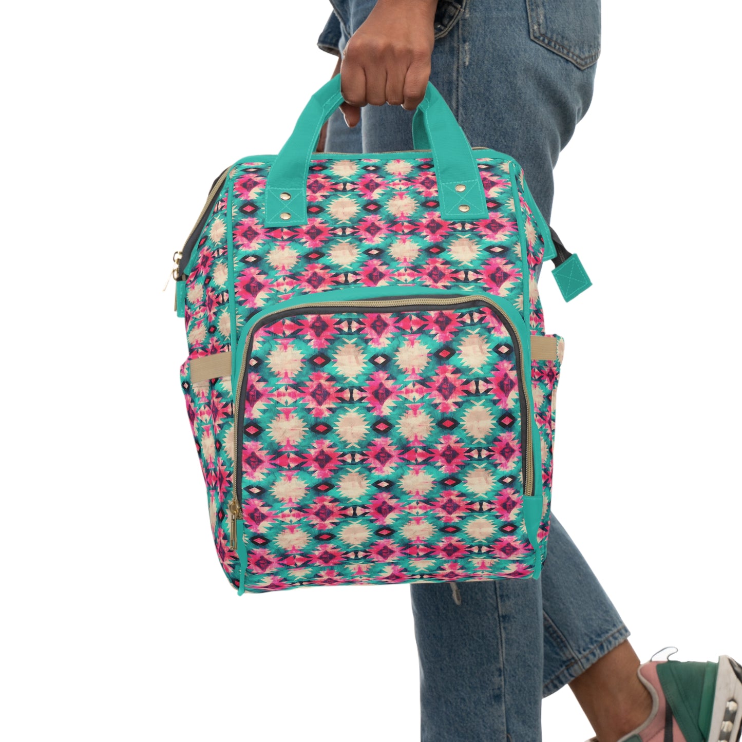 Boho-Chic Aztec Diaper Backpack - Multifunctional & Durable Nylon Changing Bag with Tribal Patterns, Spacious & Organized for Modern Parents