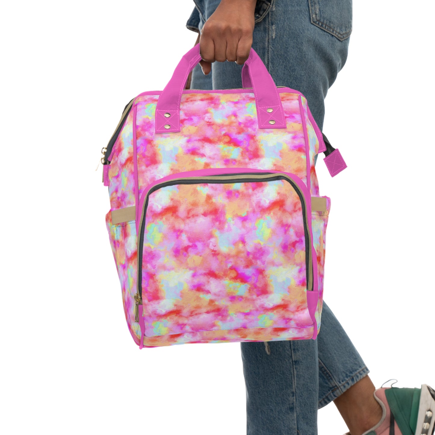 Multifunctional Tie-Dye Diaper Backpack - Lightweight Nylon Baby Bag with Adjustable Straps