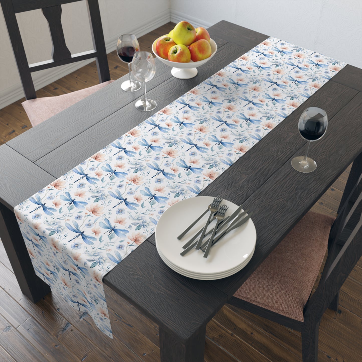 Dragonfly Print Table Runner - Elegant Whimsy, Cotton Twill or Polyester - Perfect for Nature-Inspired Home Decor