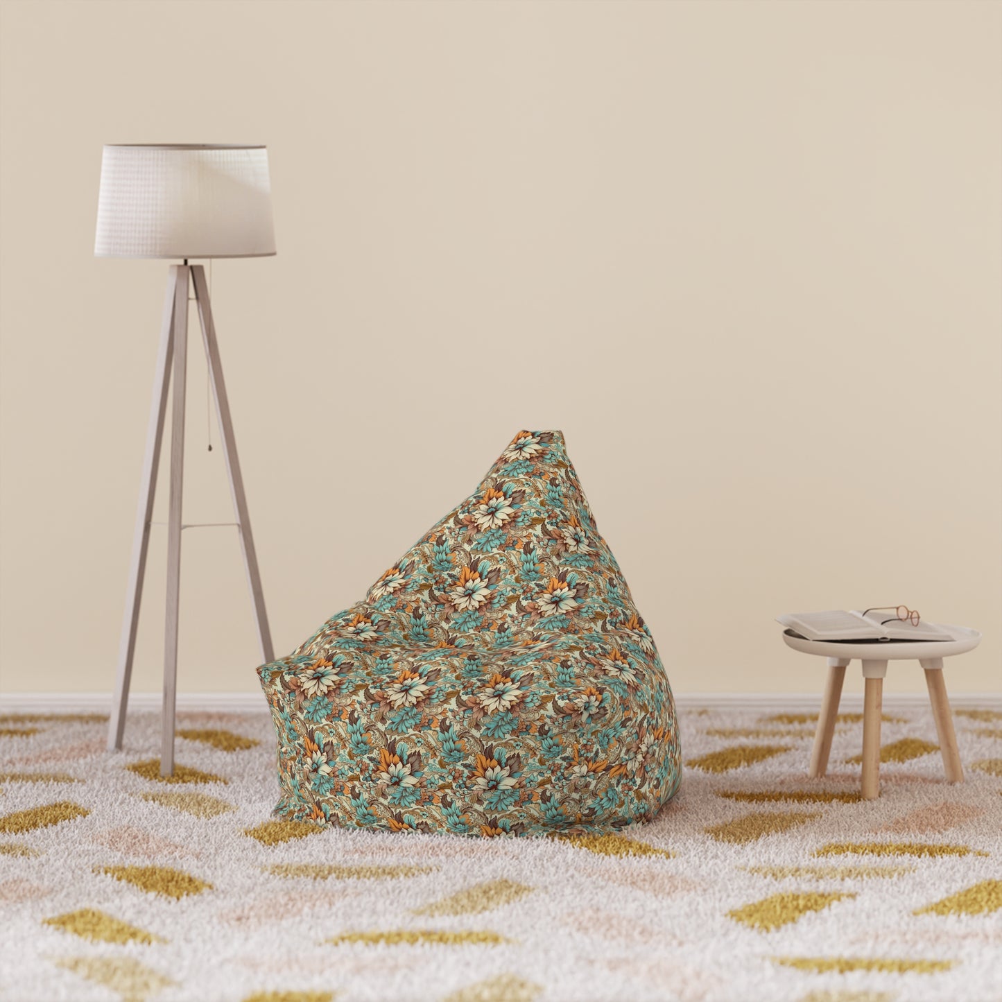 Boho Floral Bean Bag Chair Cover - Durable Polyester, Locking Zipper, 2 Sizes