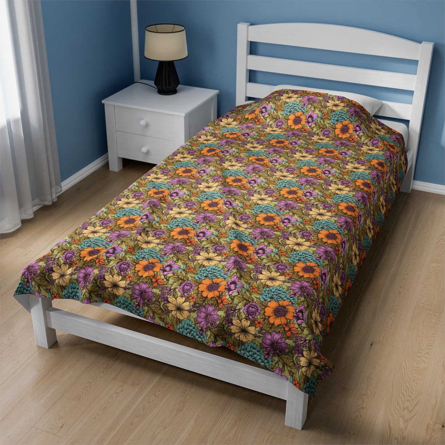 Boho Floral Velveteen Plush Blanket | Soft, Artistic, Luxurious and Comforting | Available in Multiple Sizes