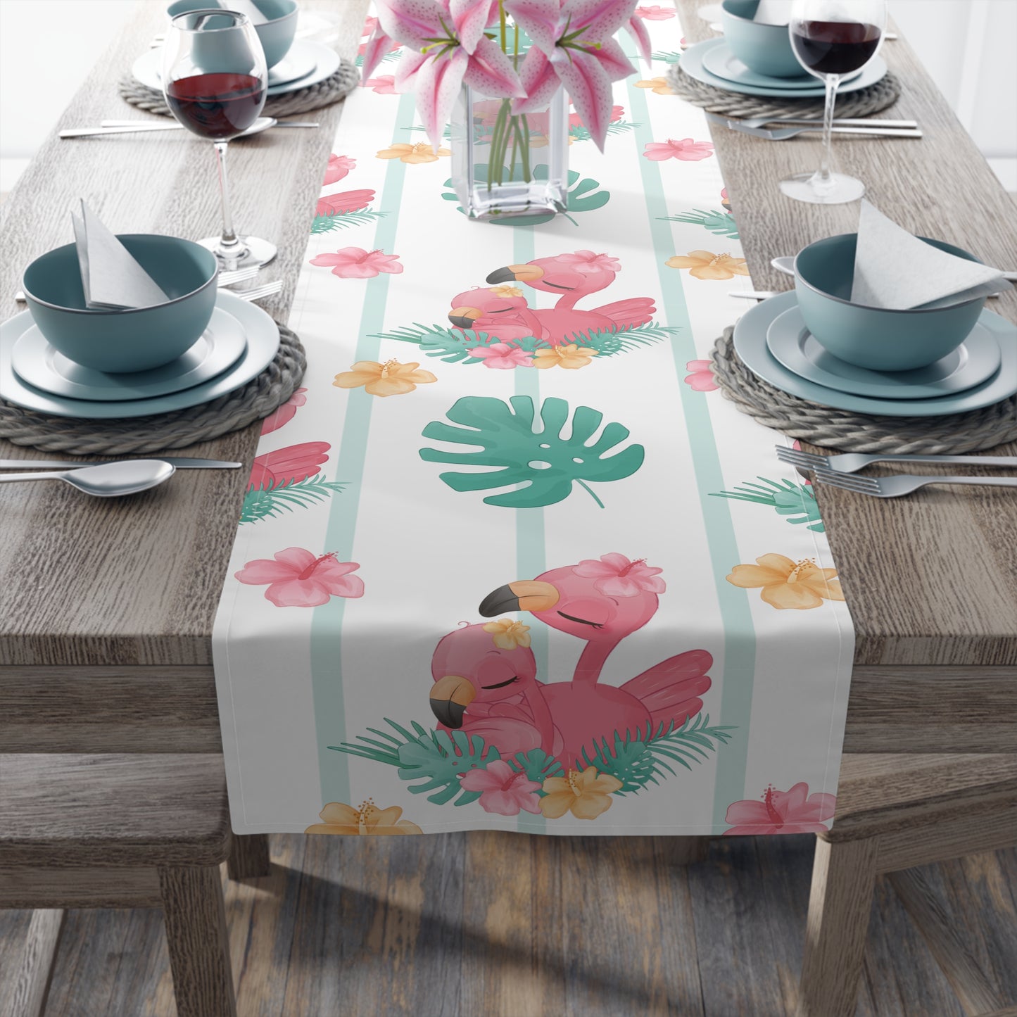 Flamingo Print Table Runner - Vibrant Elegance, Cotton Twill or Polyester - Perfect for Tropical Home Decor