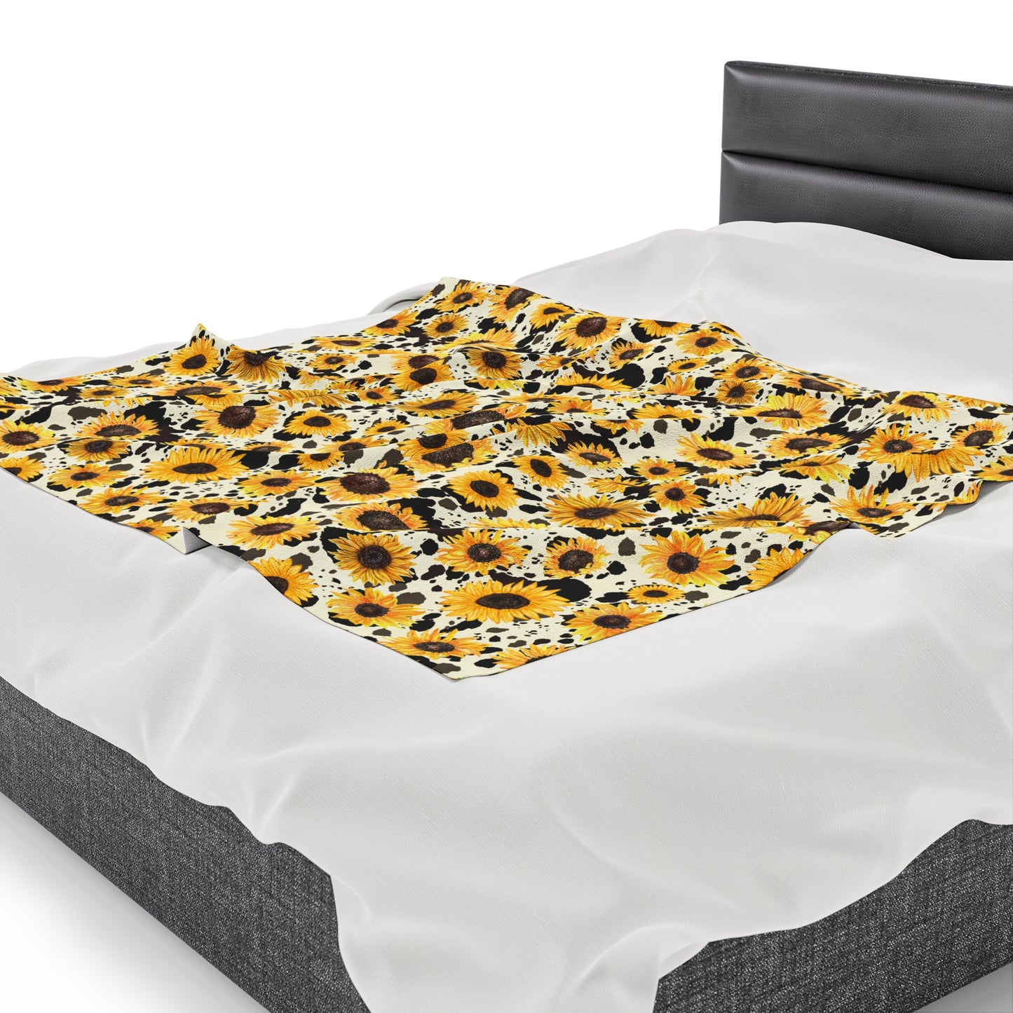 Sunflower Cow Print Velveteen Plush Blanket | Soft, Stylish, Luxurious and Comforting | Available in Multiple Sizes