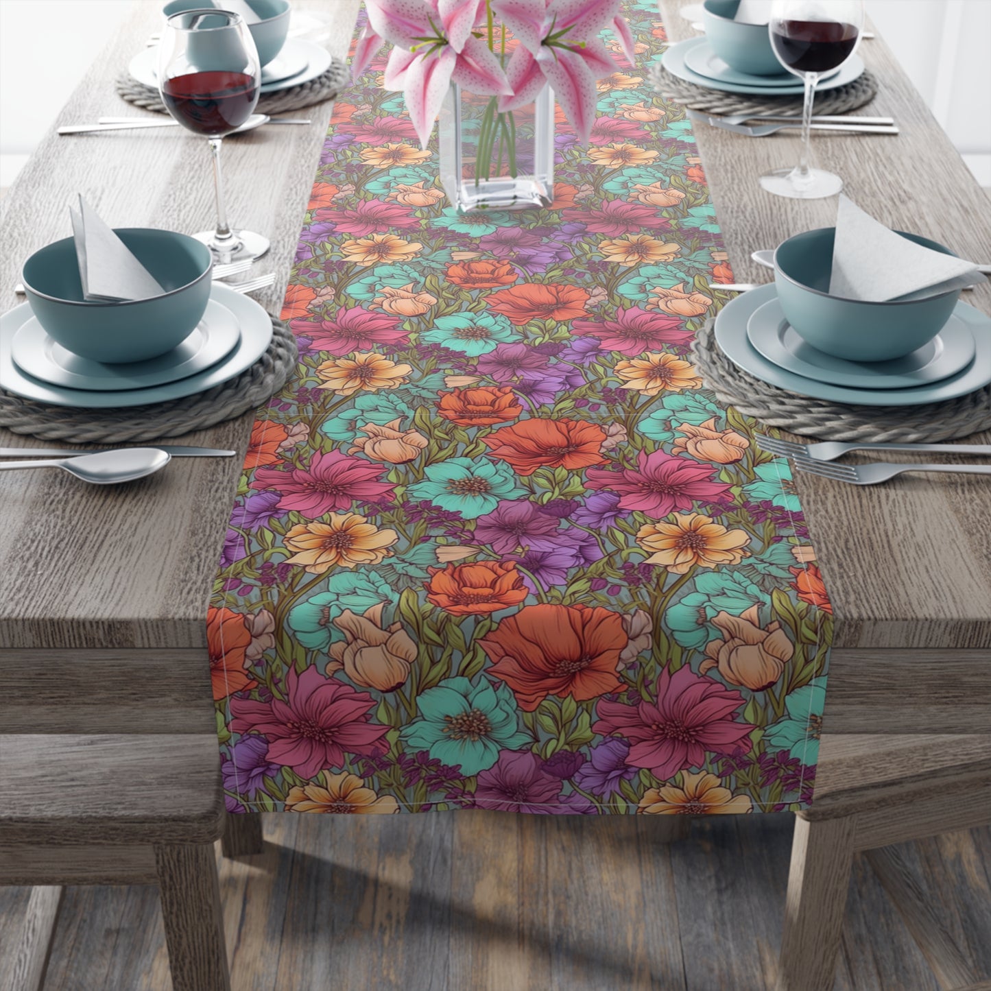 Boho Floral Table Runner - Vibrant Designs in Cotton Twill or Polyester - Ideal for Natural Home Decor