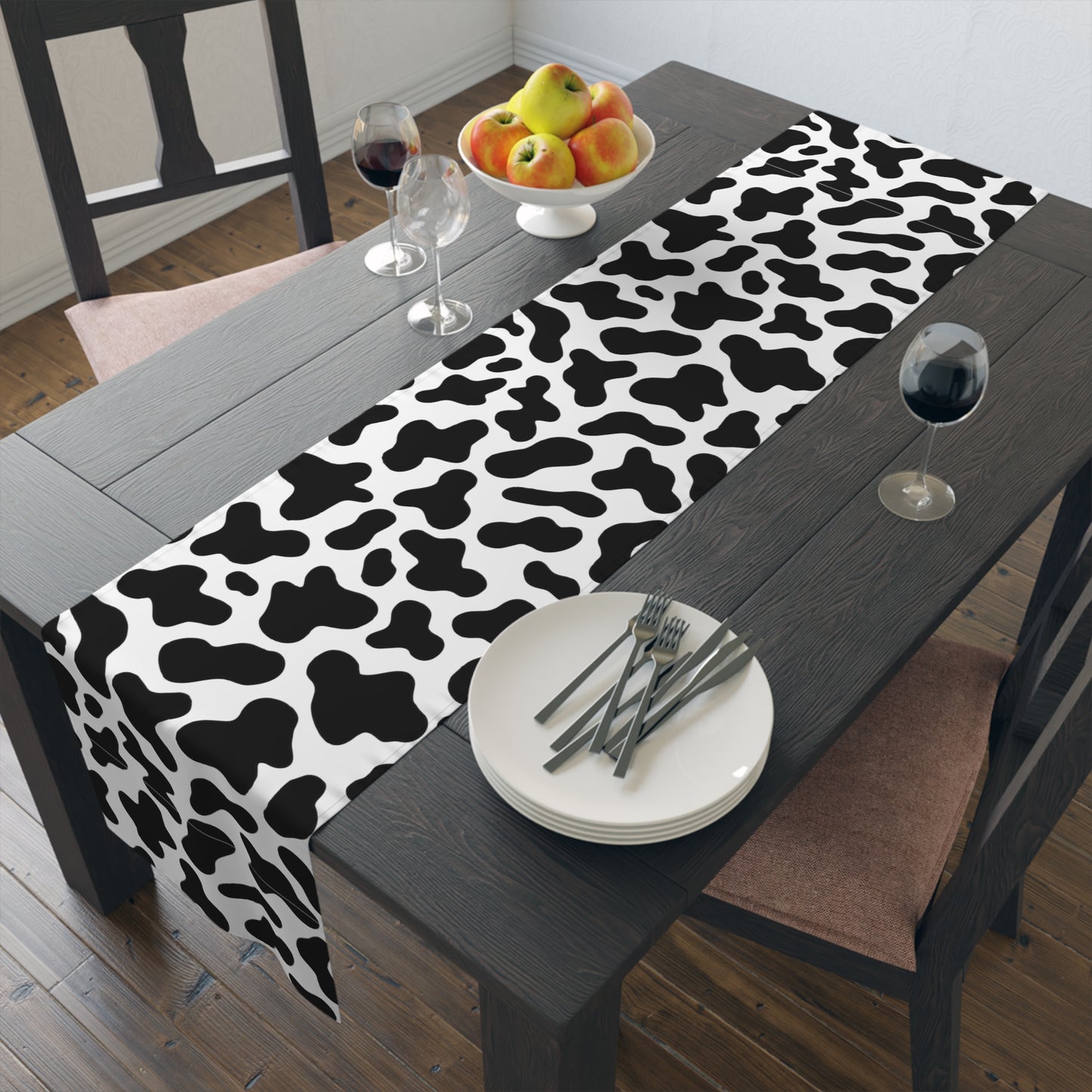 Cow Print Table Runner - Chic Farmhouse Style, Available in Cotton Twill or Polyester - Elevate Your Home Decor