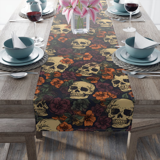 Skull Print Table Runner - Bold Cotton Twill or Sleek Polyester - Ideal for Gothic & Edgy Home Decor