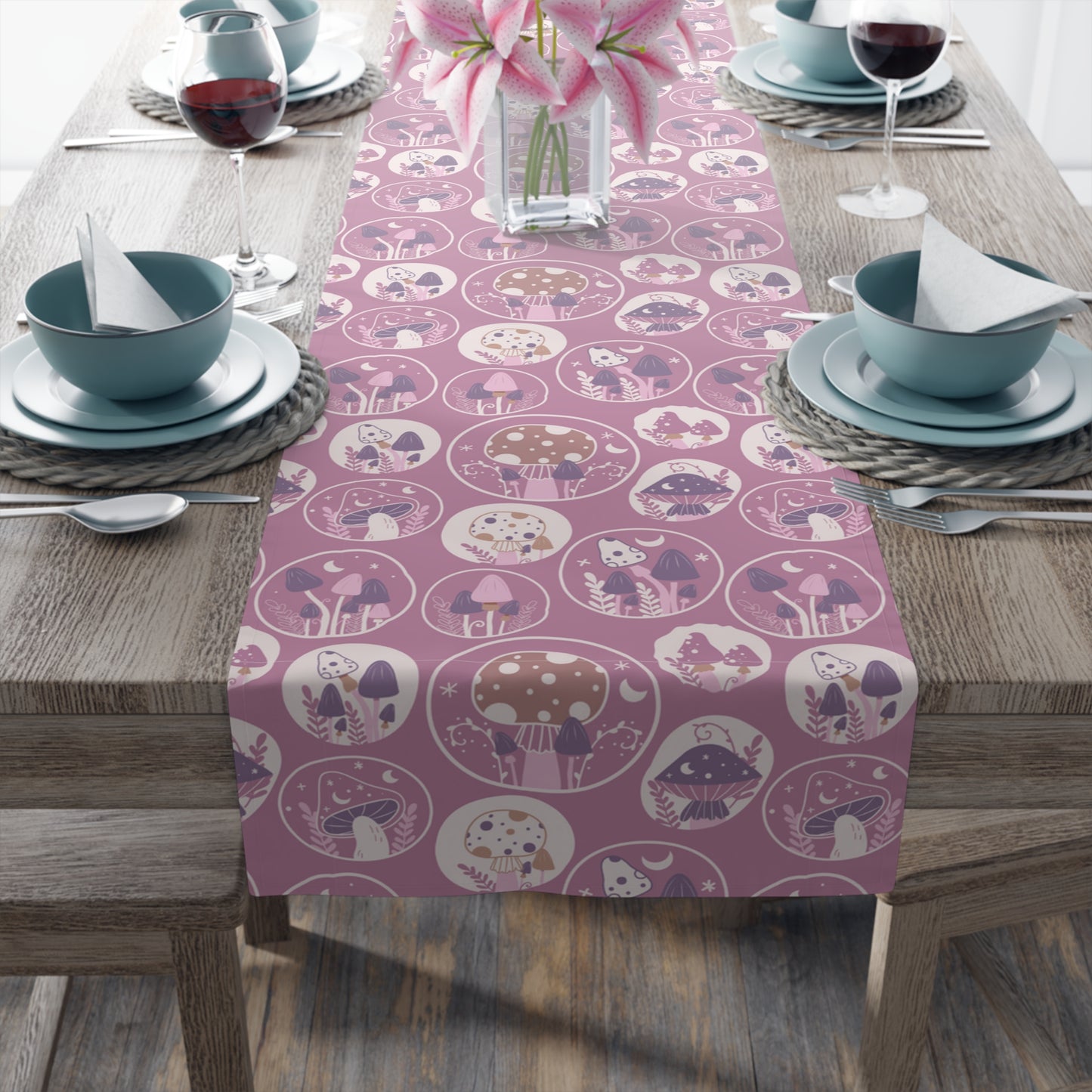 Mushroom Print Table Runner - Nature Vibes in Cotton Twill or Polyester - Perfect for Nature-Inspired Home Decor