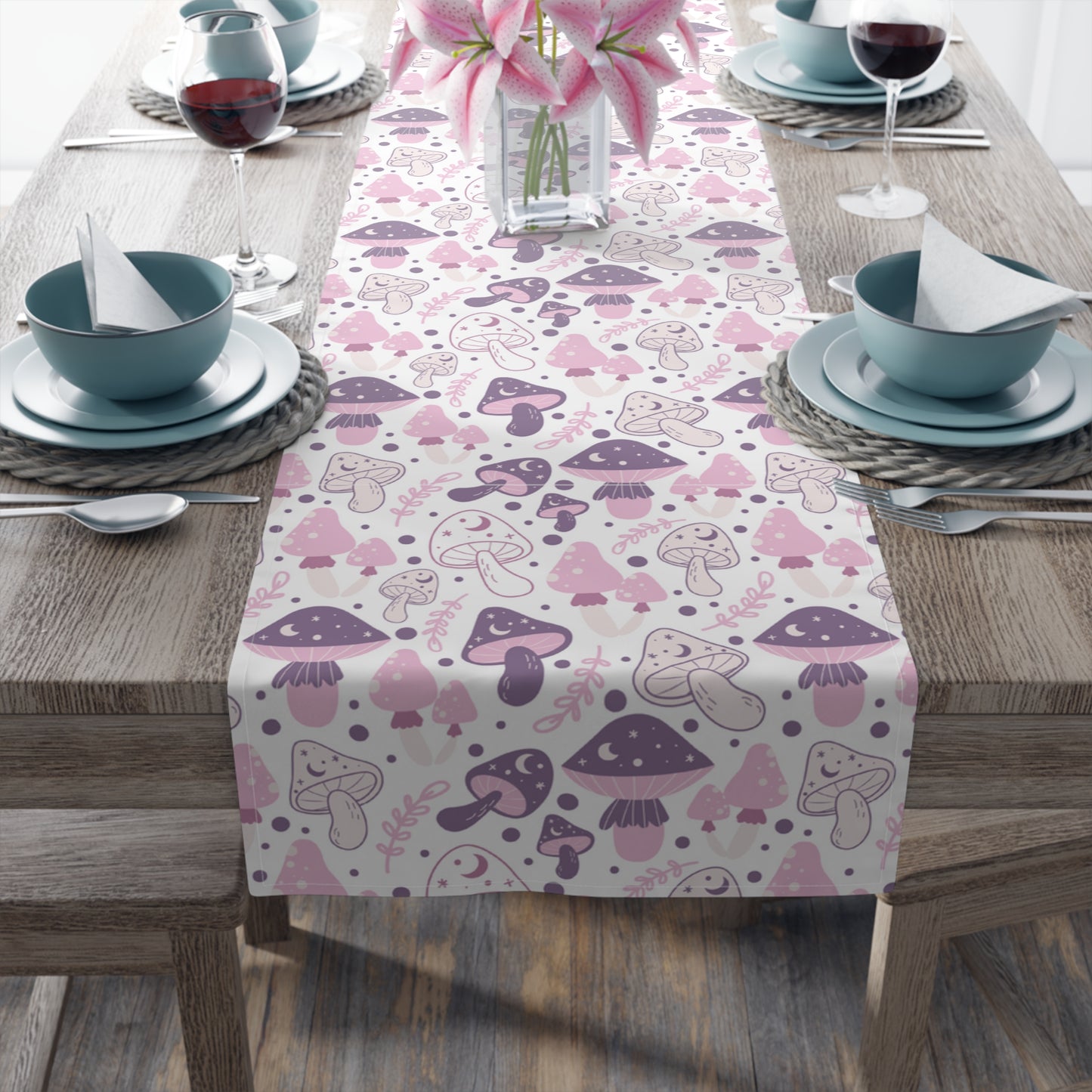 Mushroom Print Table Runner - Nature Vibes in Cotton Twill or Polyester - Perfect for Nature-Inspired Home Decor