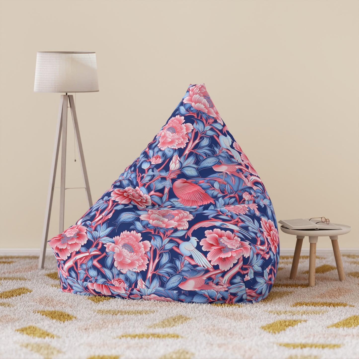 Chinoiserie Bean Bag Chair Cover - Elegant Oriental-Inspired Polyester Slipcover with Secure Zip - Fits Various Sizes